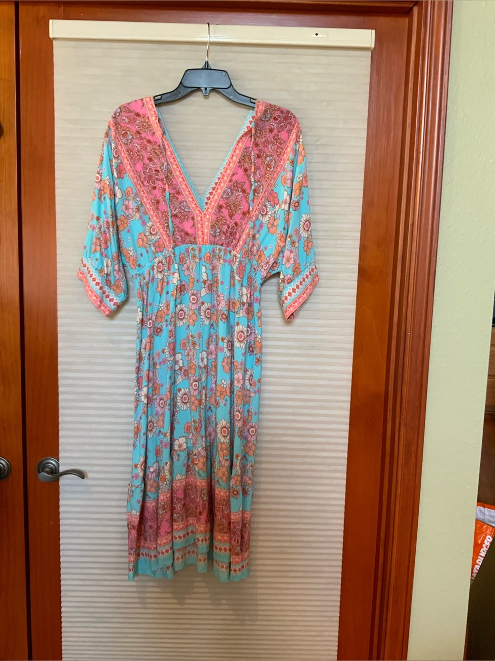 Boho Floral V-Neck Midi Dress in Aqua and Pink